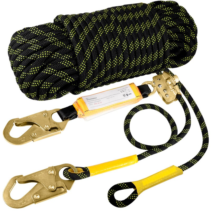 TT TRSMIMA TRSMIMA Rope Harness Safety Lanyard:25ft Vertical Roofing Rope With Grab Snap Hooks Shock Absorber - Fall Protection Tree Climbing Line Kit Heavy Duty Roof Safety Equipment ANSI CE - Image 1